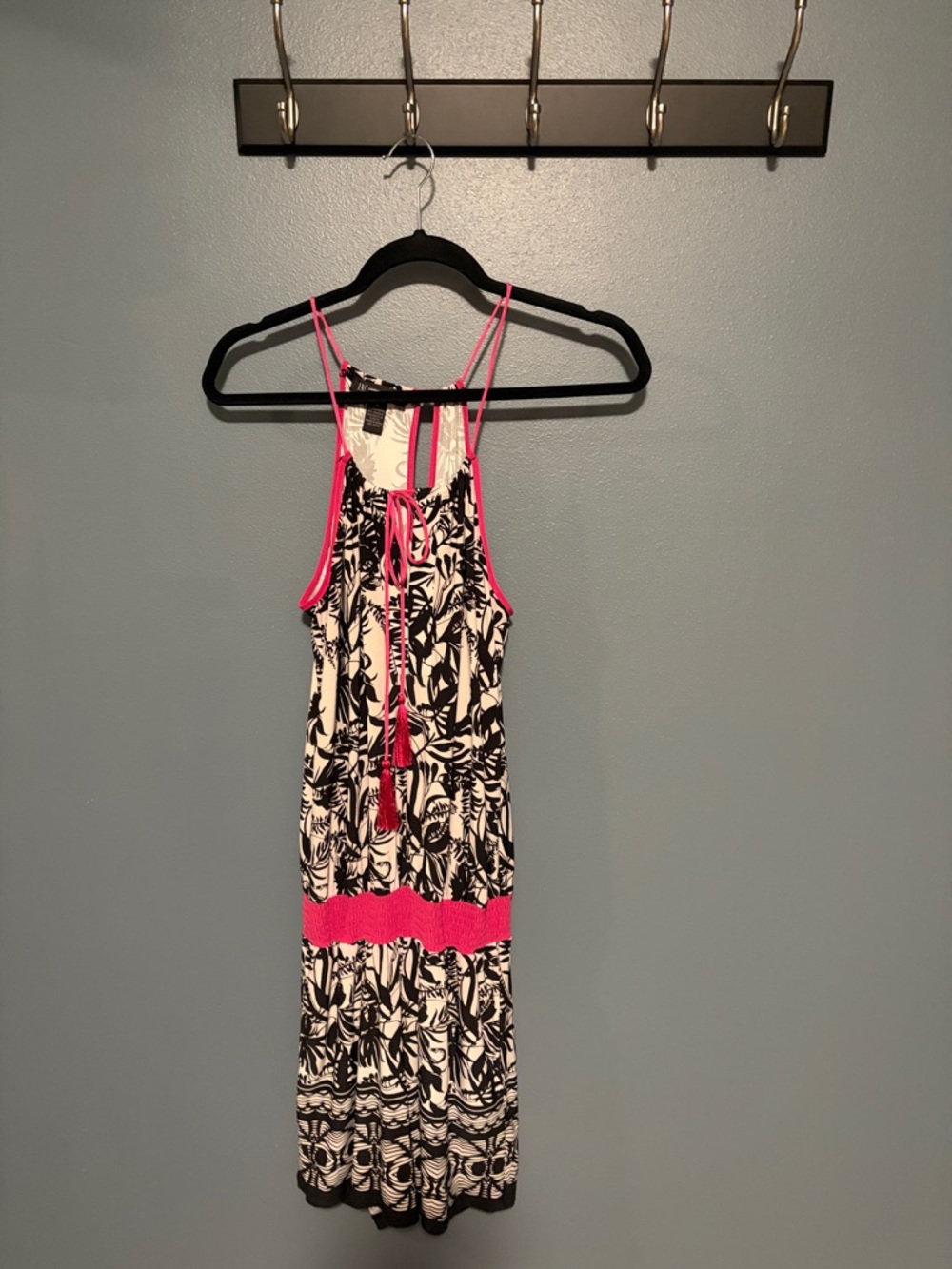 INC International Concepts Black and White Floral Halter Romper with Pink Trim